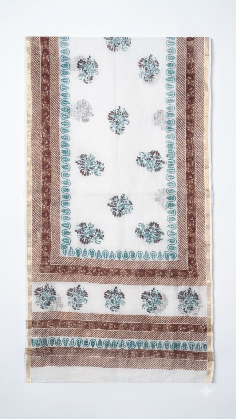 Mira - Hand Block Printed White Kota Doria Dupatta