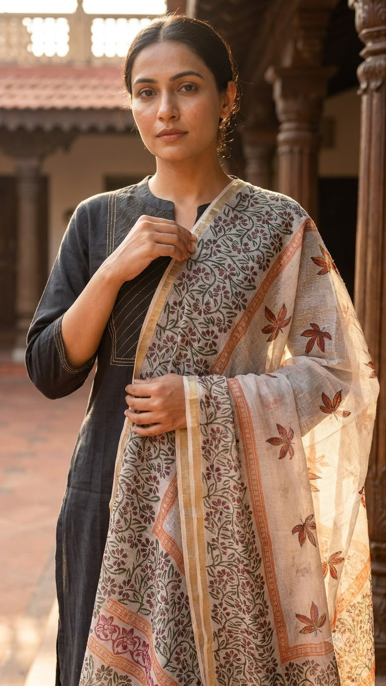 Nysa - Hand Block Printed White Kota Doria Dupatta