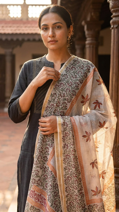 Nysa - Hand Block Printed White Kota Doria Dupatta