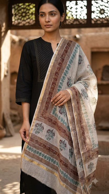 Mira - Hand Block Printed White Kota Doria Dupatta