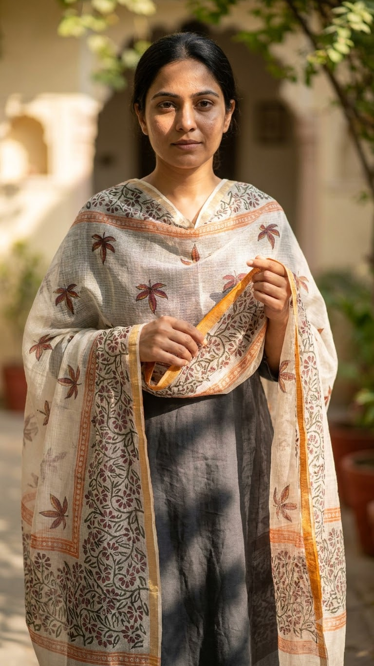 Nysa - Hand Block Printed White Kota Doria Dupatta