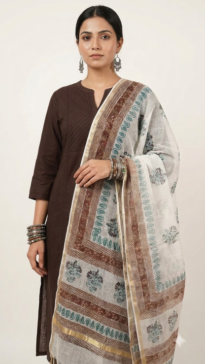 Mira - Hand Block Printed White Kota Doria Dupatta