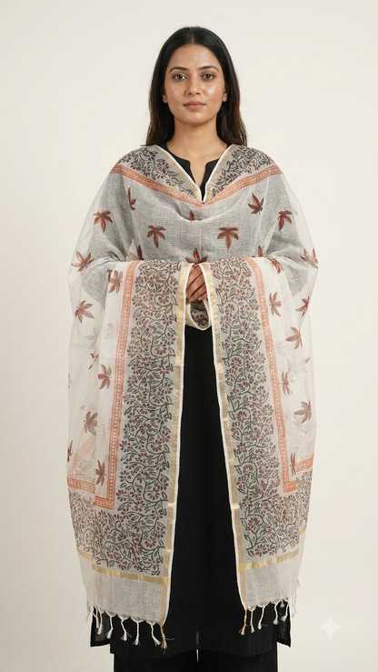 Nysa - Hand Block Printed White Kota Doria Dupatta