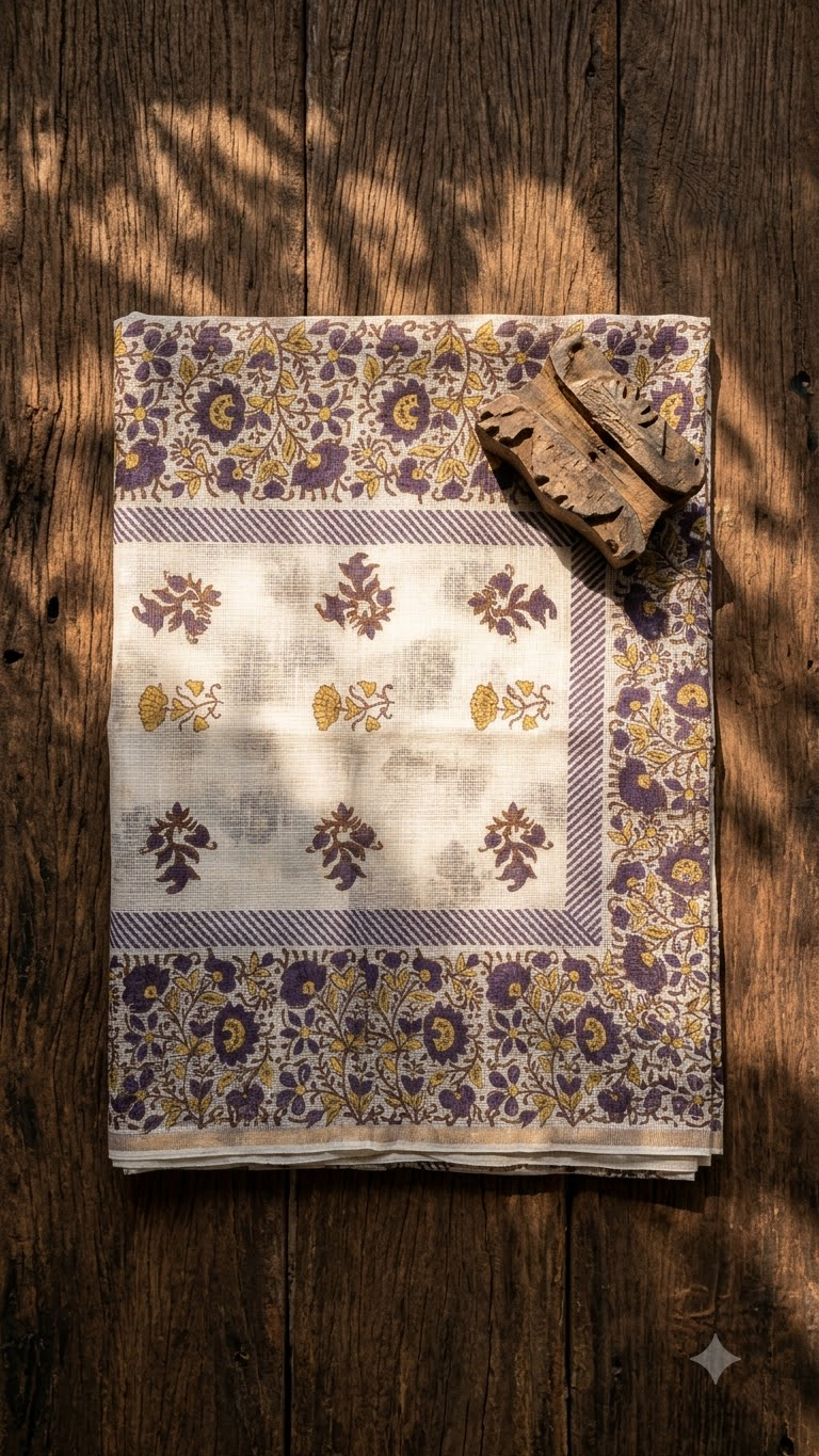 Ziva - Hand Block Printed White Kota Doria Dupatta