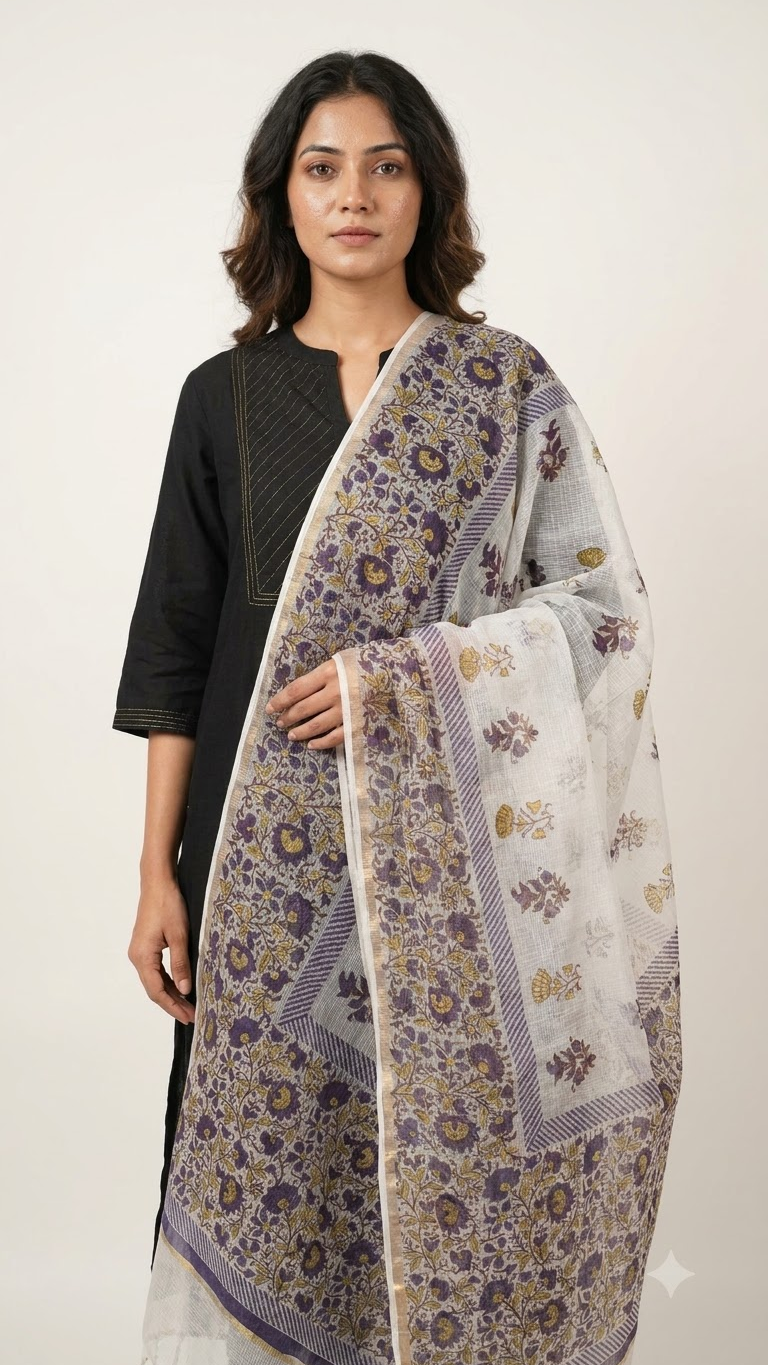 Ziva - Hand Block Printed White Kota Doria Dupatta