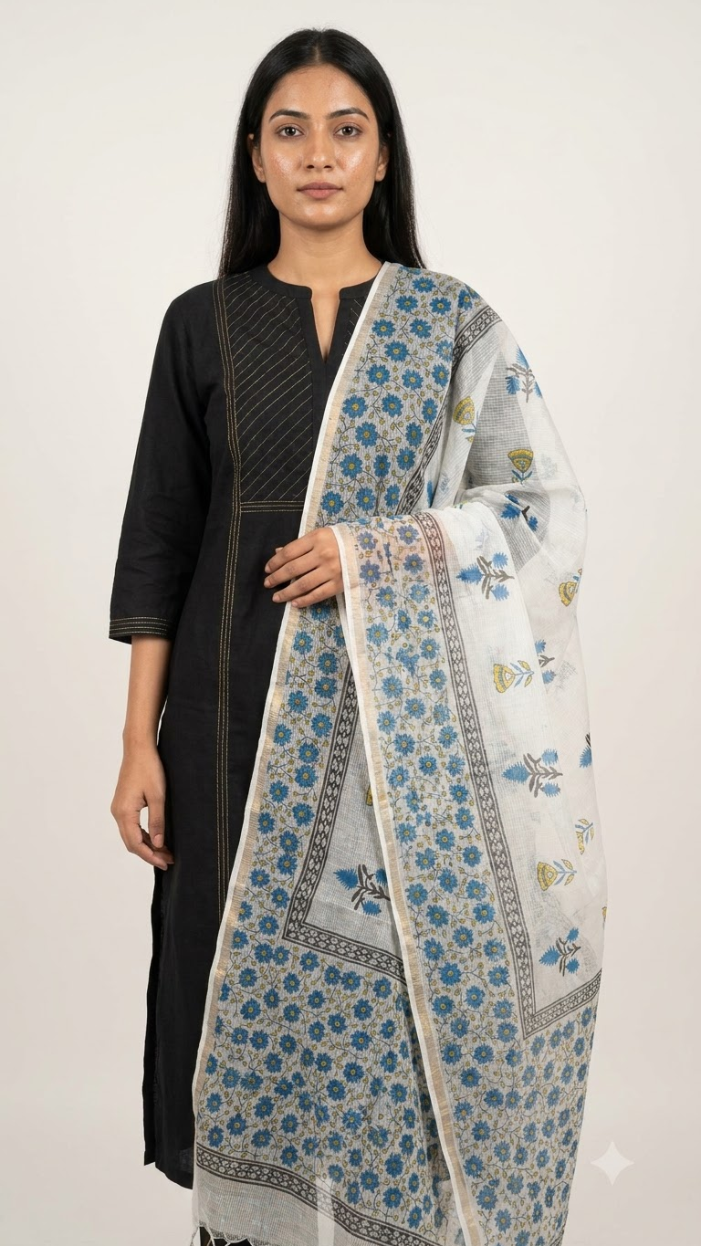 Tapti - Hand Block Printed White Kota Doria Dupatta