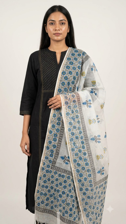 Tapti - Hand Block Printed White Kota Doria Dupatta