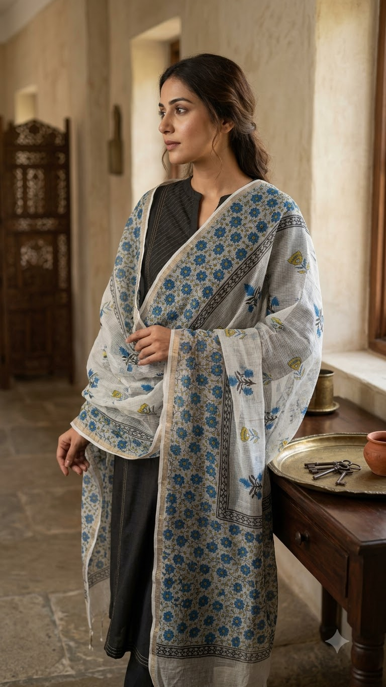 Tapti - Hand Block Printed White Kota Doria Dupatta