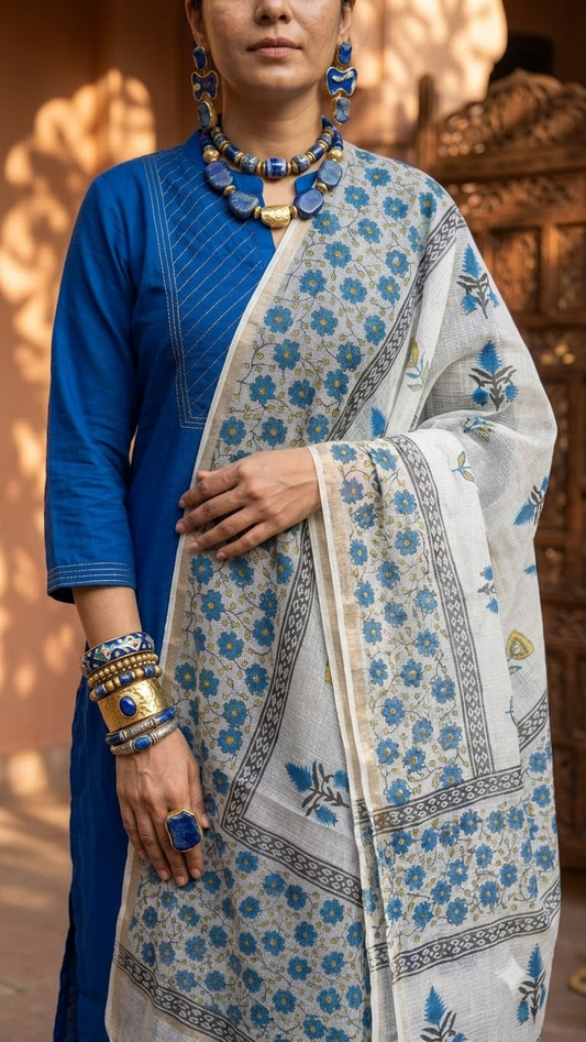 Tapti - Hand Block Printed White Kota Doria Dupatta