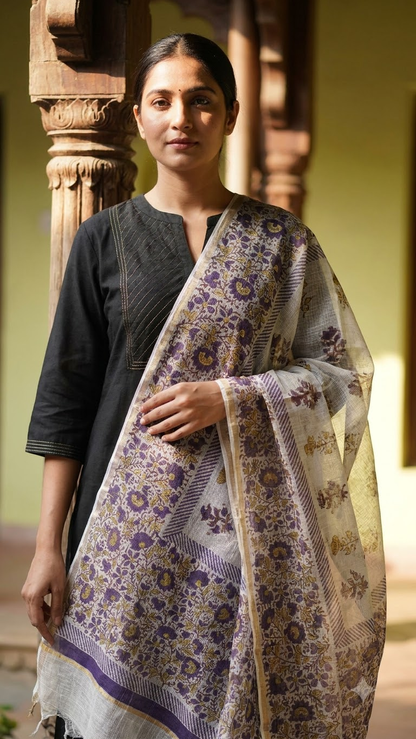 Ziva - Hand Block Printed White Kota Doria Dupatta