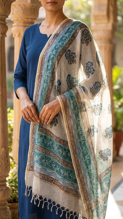 Prithika - Hand Block Printed White Kota Doria Dupatta