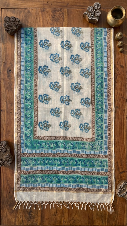Prithika - Hand Block Printed White Kota Doria Dupatta