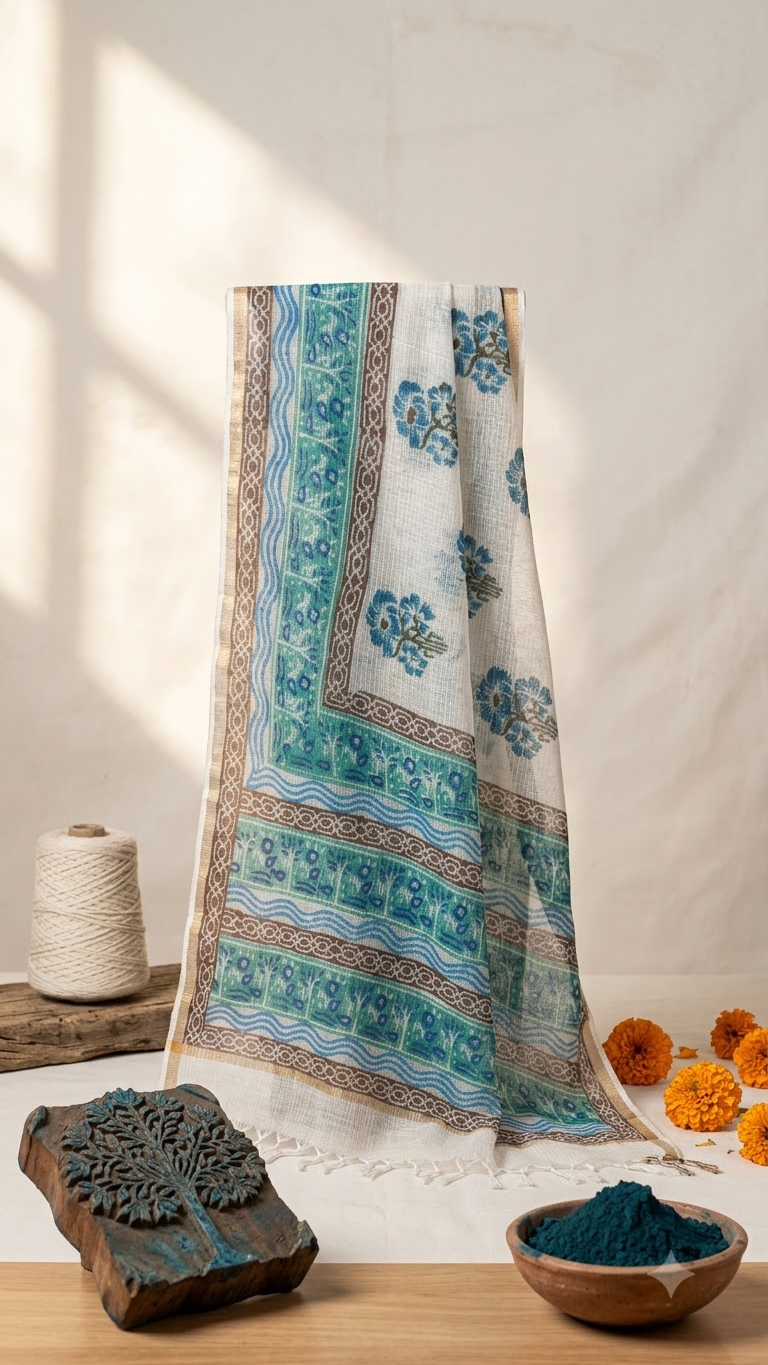 Prithika - Hand Block Printed White Kota Doria Dupatta