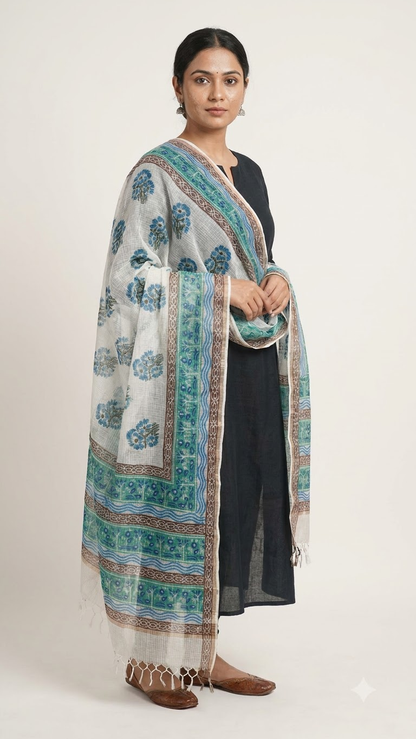 Prithika - Hand Block Printed White Kota Doria Dupatta