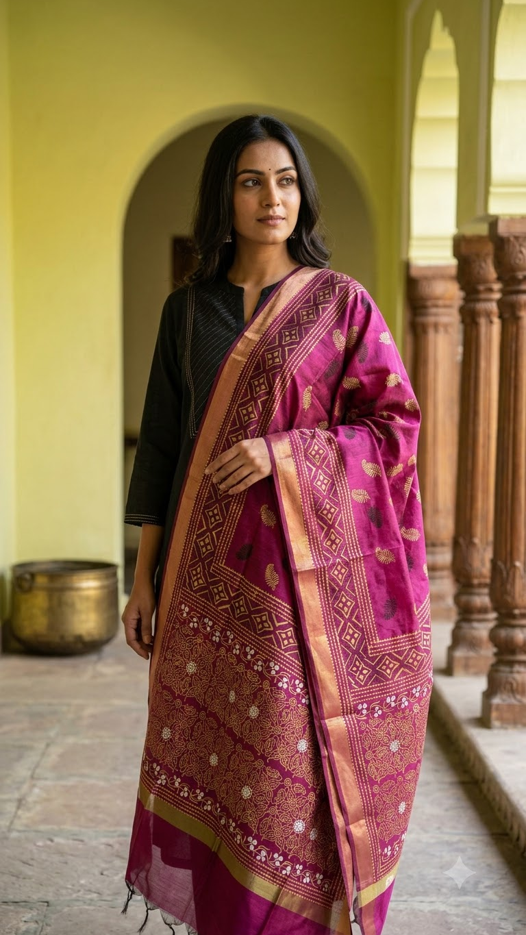 Kaamini – Dark Pink Chanderi Silk Dupatta