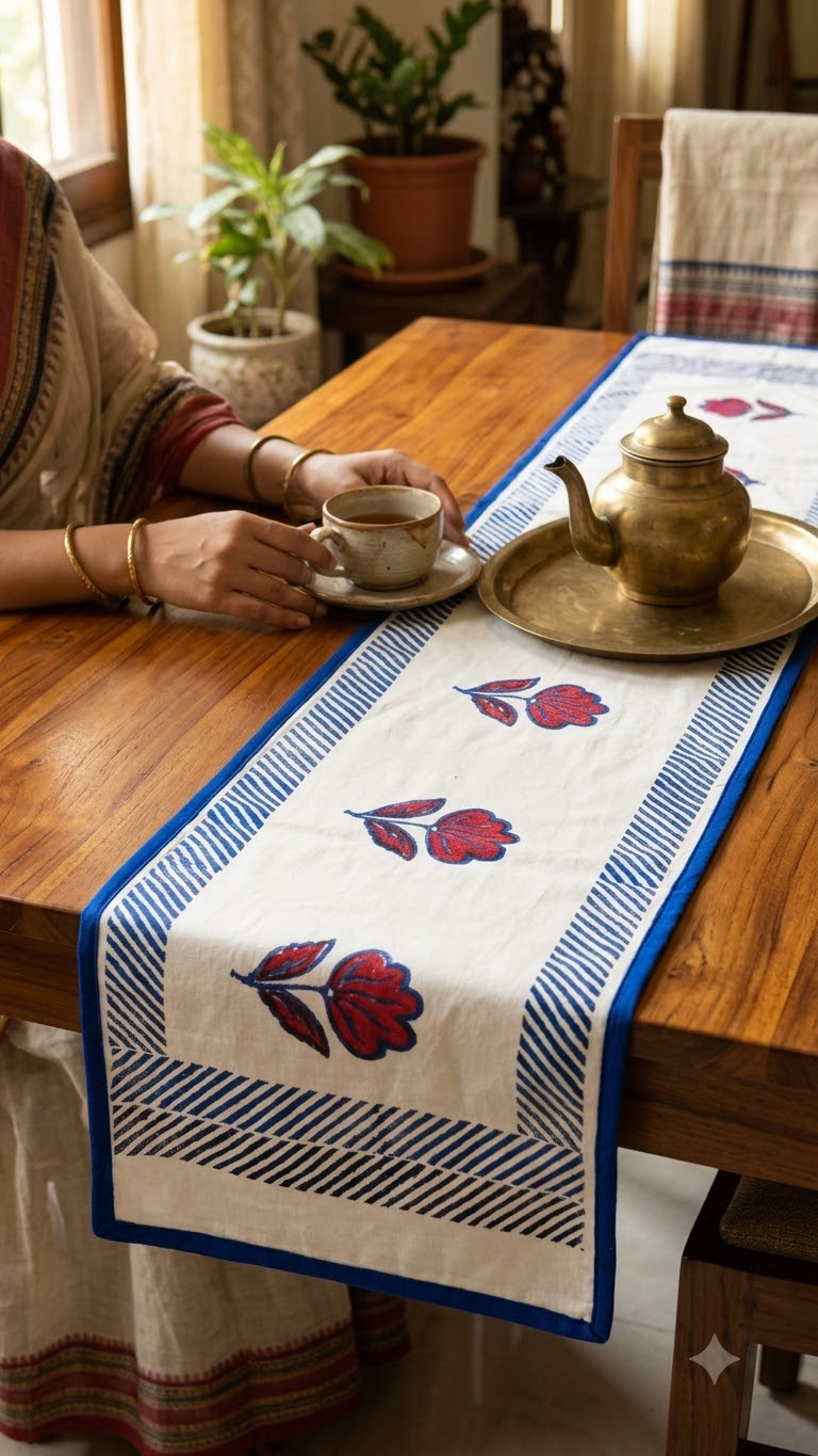 Vanya - Hand Block Print Coffee Table Runner with border piping (11"x48")