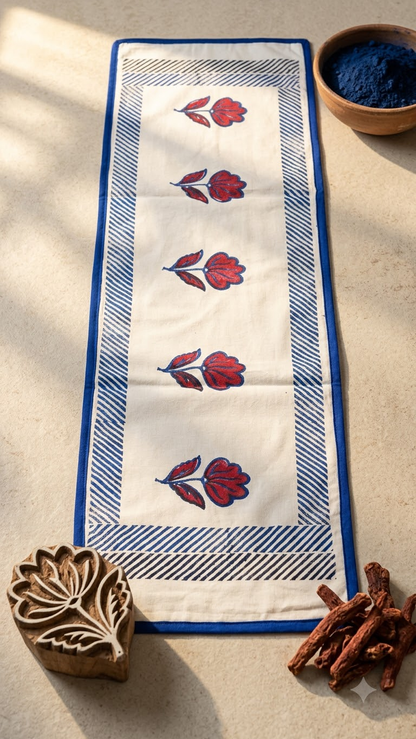 Vanya - Hand Block Print Coffee Table Runner with border piping (11"x48")