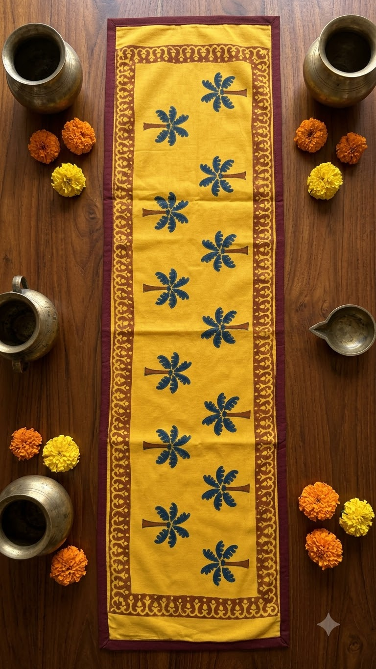 Kerala - Hand Block Print Runner with border piping (11"x50")