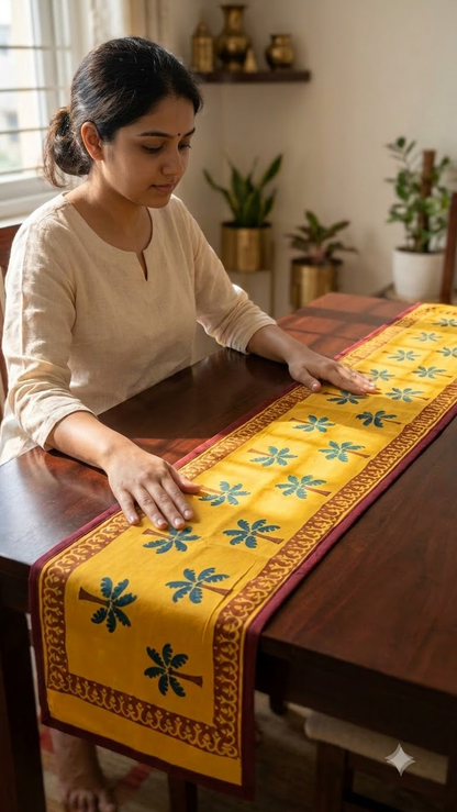 Kerala - Hand Block Print Runner with border piping (11"x50")