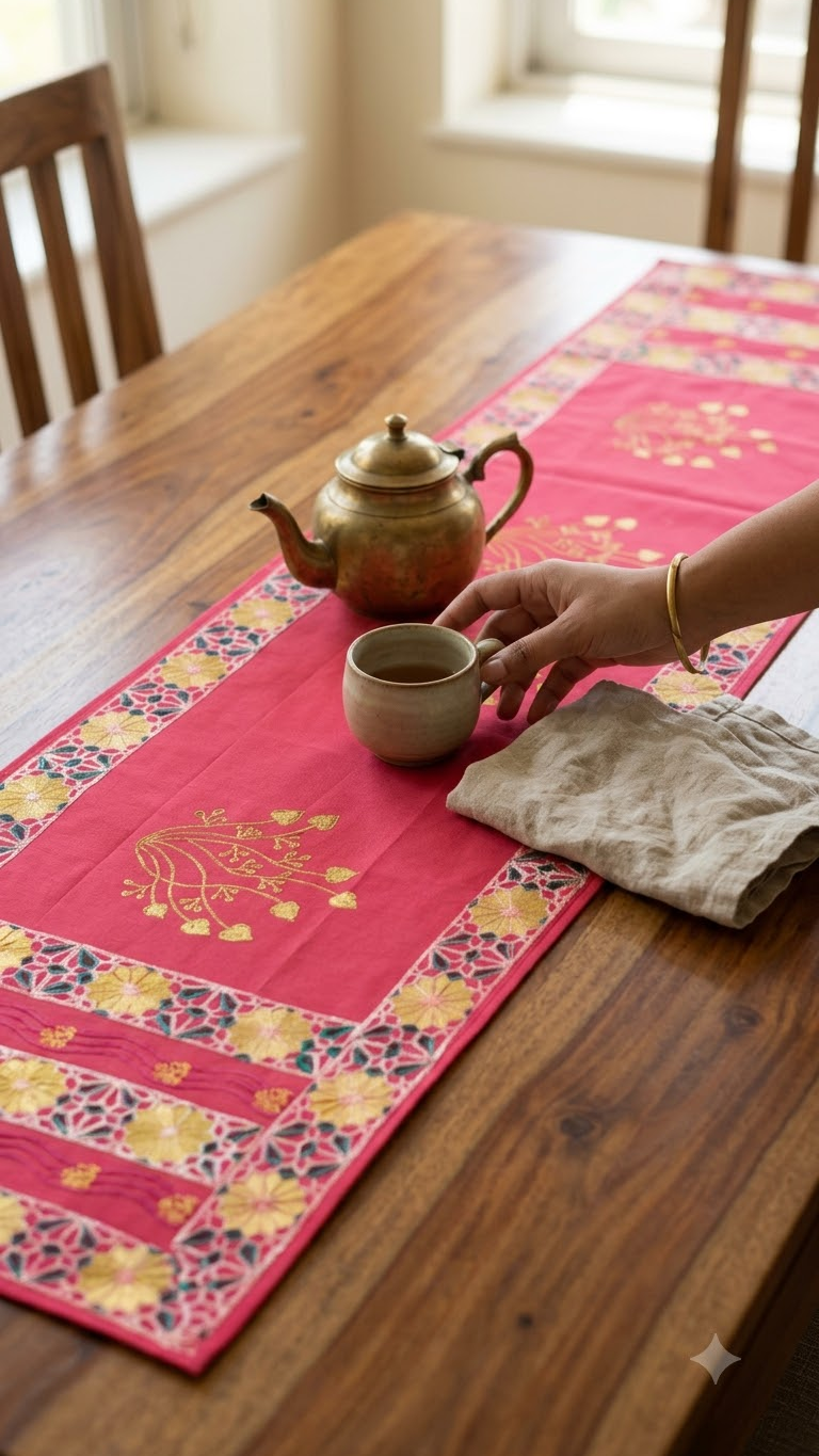 Ranjana - Hand Block Print, Fuschsia Pink, Dining Table Runner (15"x58")