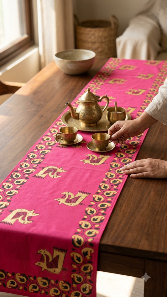 Pakhee - Hand Block Print, Fuchsia Pink, Dining Table Runner (15"x58")