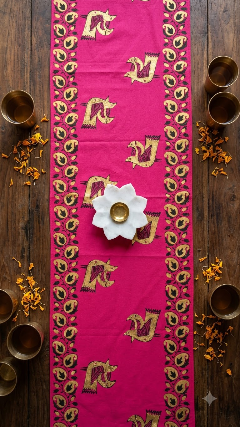 Pakhee - Hand Block Print, Fuchsia Pink, Dining Table Runner (15"x58")
