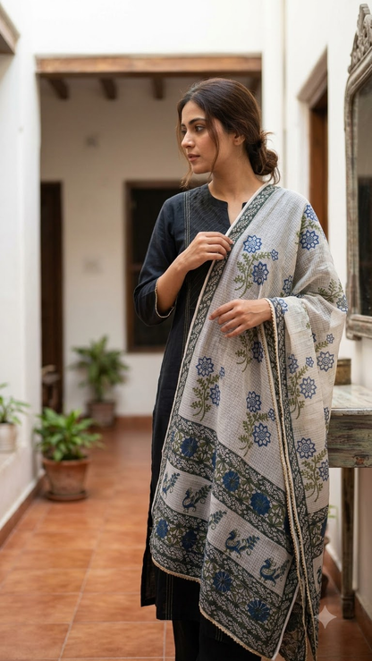 Blue and Green Hand Block Printed White Kota Doria Stole