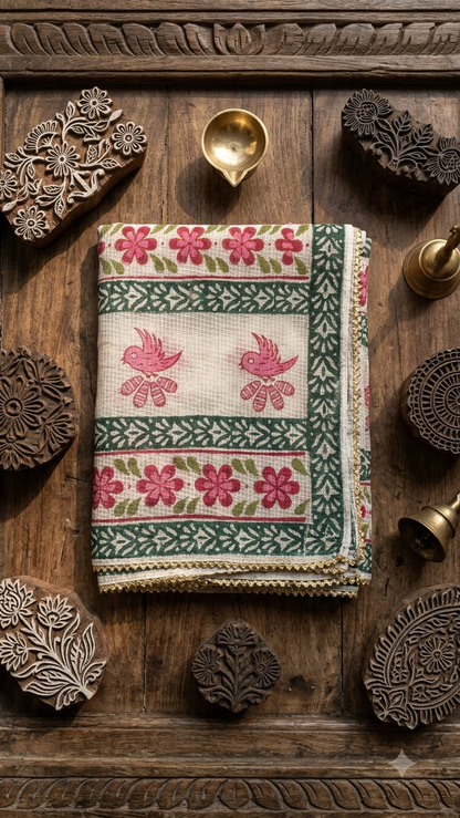 Pink and Green Hand Block Printed White Kota Doria Stole