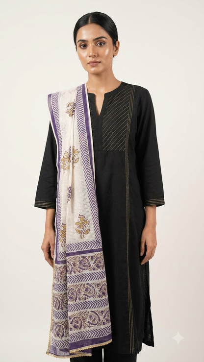 Purple and Gold Hand Block Printed White Kota Doria Stole