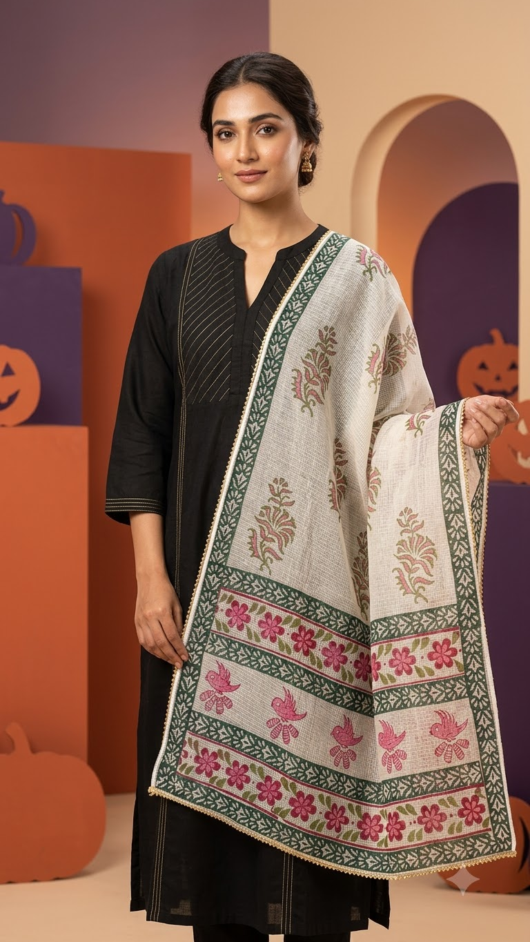 Pink and Green Hand Block Printed White Kota Doria Stole