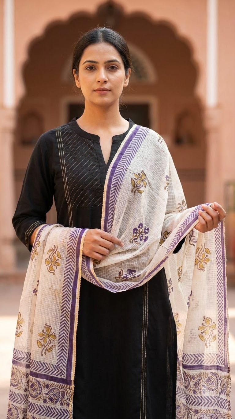 Purple and Gold Hand Block Printed White Kota Doria Stole