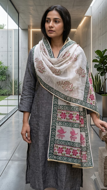 Pink and Green Hand Block Printed White Kota Doria Stole