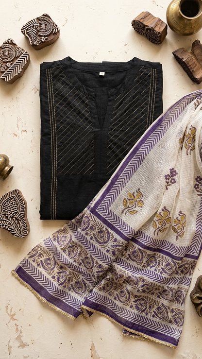 Purple and Gold Hand Block Printed White Kota Doria Stole