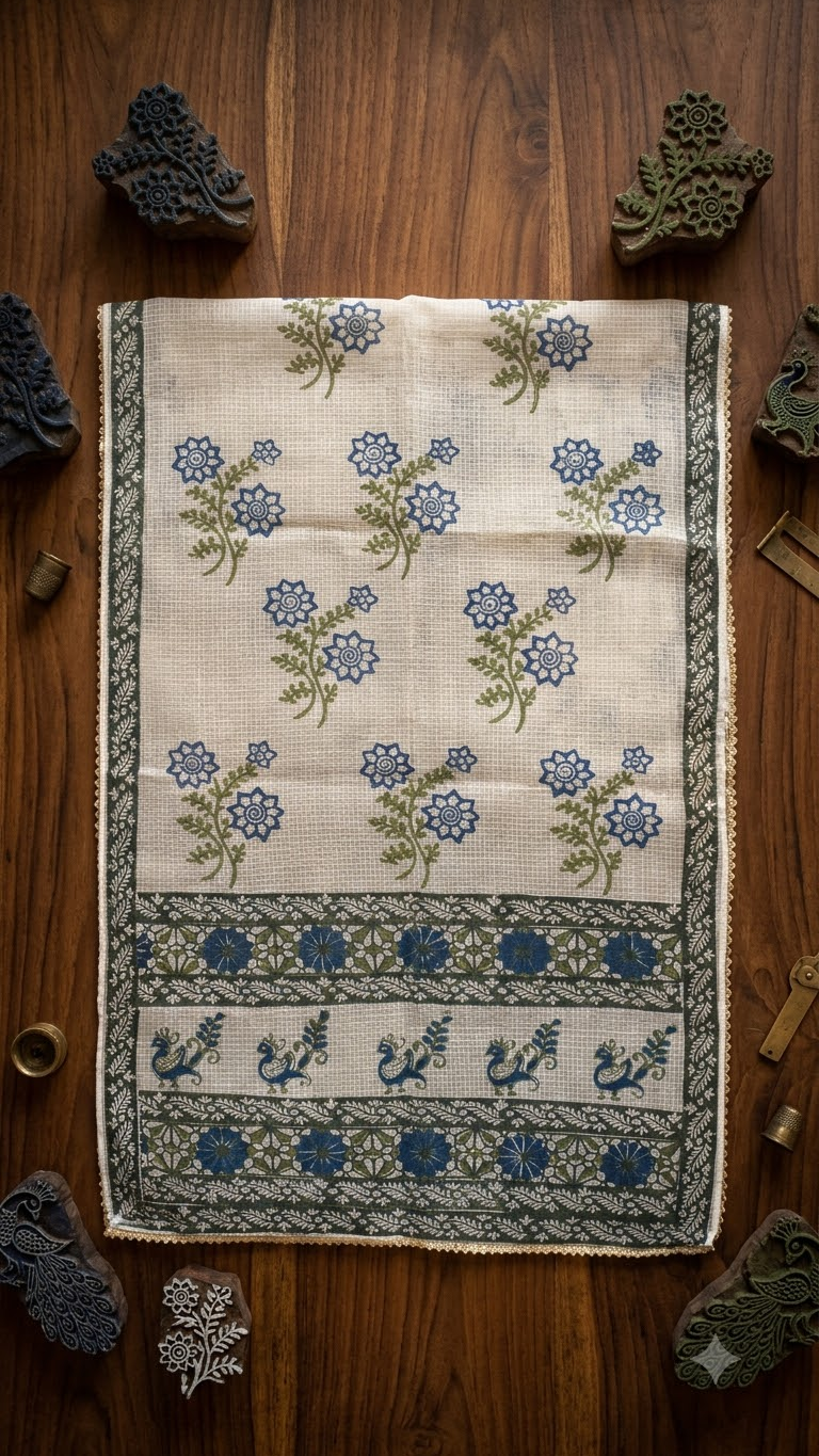 Blue and Green Hand Block Printed White Kota Doria Stole