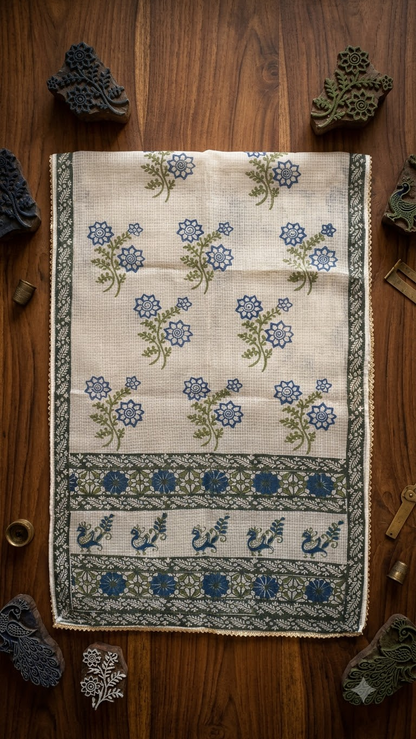 Blue and Green Hand Block Printed White Kota Doria Stole