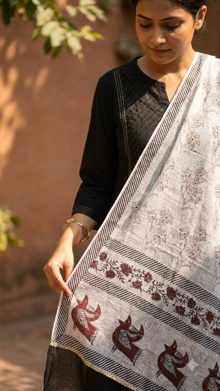 Red and Black Hand Block Printed White Kota Doria Stole