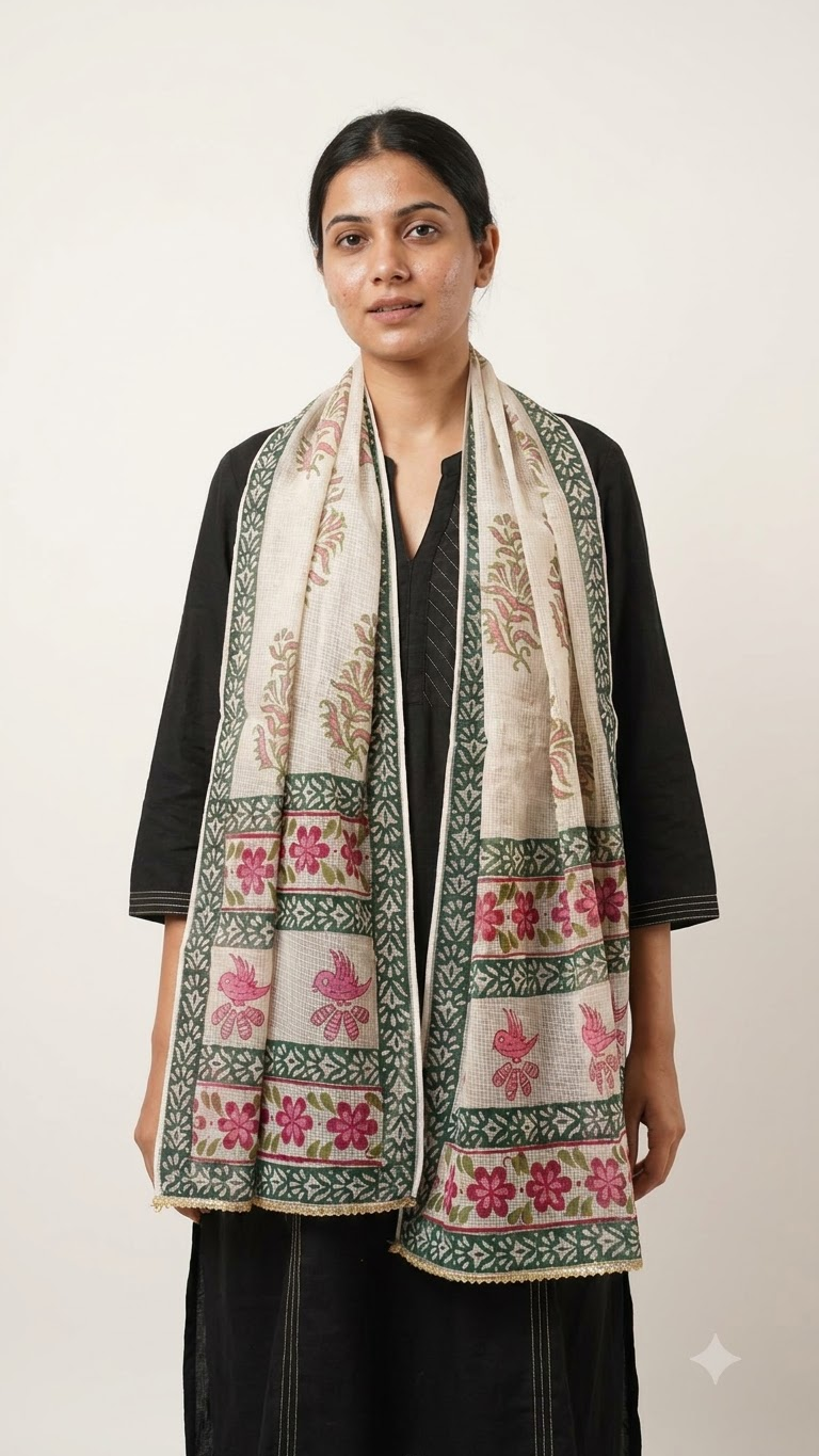 Pink and Green Hand Block Printed White Kota Doria Stole