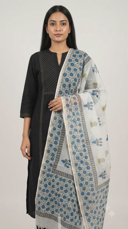 Tapti - Hand Block Printed White Kota Doria Dupatta