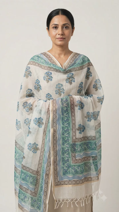 Prithika - Hand Block Printed White Kota Doria Dupatta