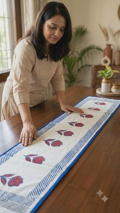 Vanya - Hand Block Print Coffee Table Runner with border piping (11"x48")
