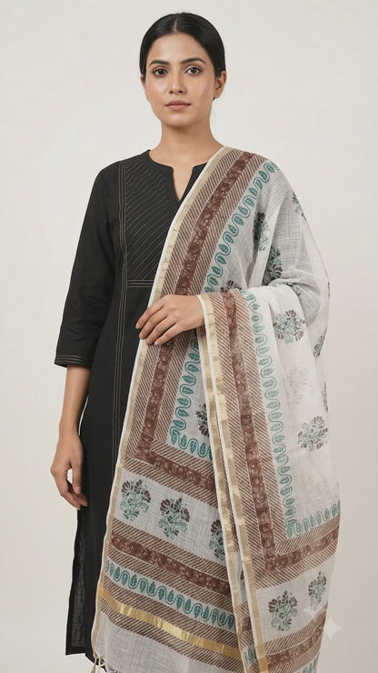 Mira - Hand Block Printed White Kota Doria Dupatta