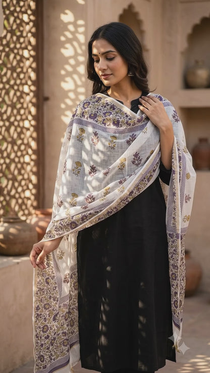 Ziva - Hand Block Printed White Kota Doria Dupatta