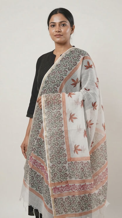 Nysa - Hand Block Printed White Kota Doria Dupatta